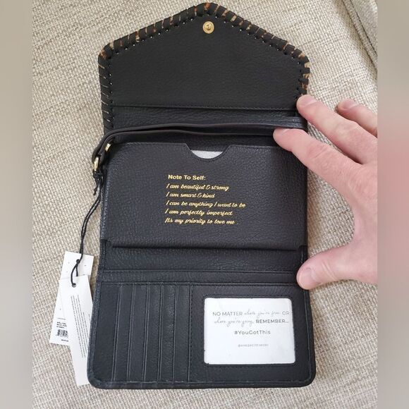 Aimee Kestenberg 'Spello' Leather Whipstitch Wristlet Wallet in Black/Leopard - Picture 12 of 14